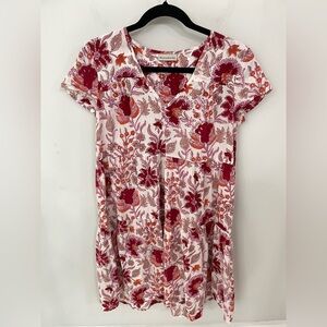 Fitzroy & Willa Popover V Neck Tiered Mini Dress XS Cotton Red Pink Floral  14